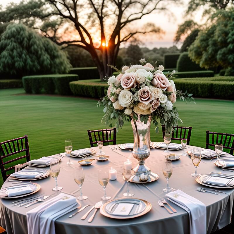 Wedding reception round table setting with chiavari chairs. Flower centerpiece.